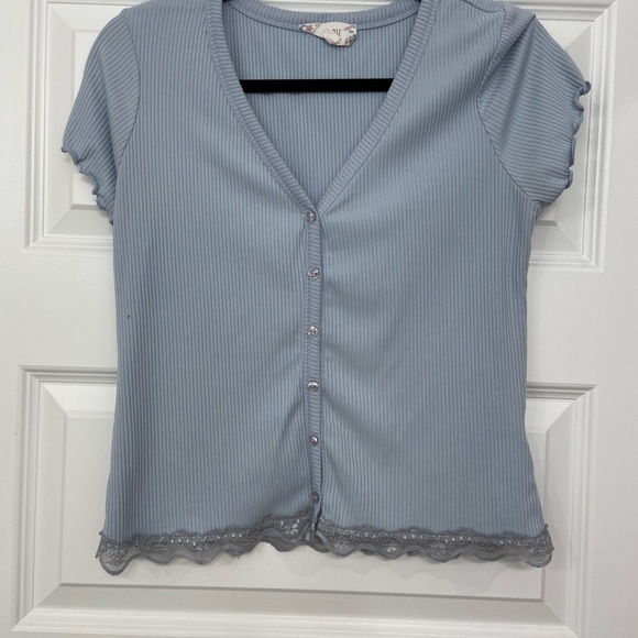 Pink Rose Light Blue Ribbed Top - Picture 1 of 2